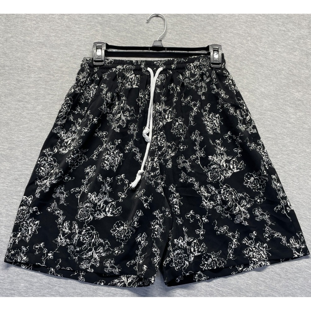 Beumoy Shorts Mens S Black White Floral Casual Summer Vacation Beach Drawstring